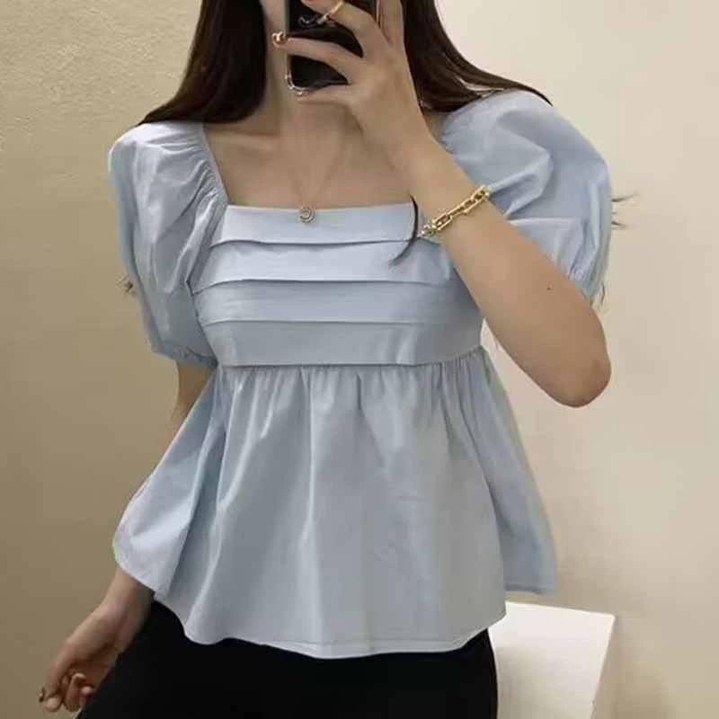 

Summer One Shoulder Square Neck Bubble Sleeve Short Sleeve Shirt for Women s Trendy Fashion Top M светло-синий