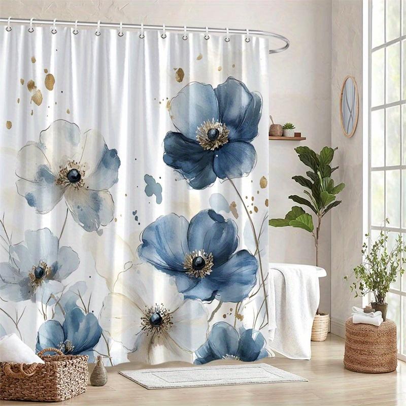 1 Elegant Floral Shower Curtain - Navy And White Floral Pattern With Gold Speckles, Machine Washable Polyester For Bathroom
