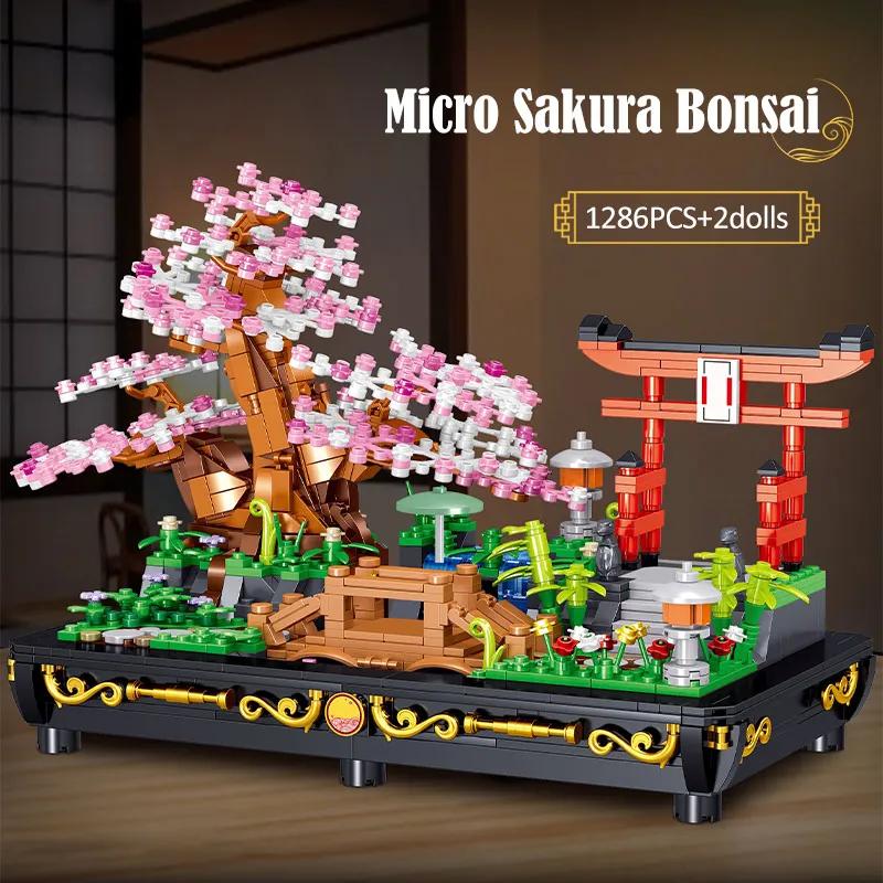 City Mini Pine Bonsai Ornaments Peach Blossom Building Blocks Sakura Decoration Potted Plant Figures Bricks Toy Children Gifts