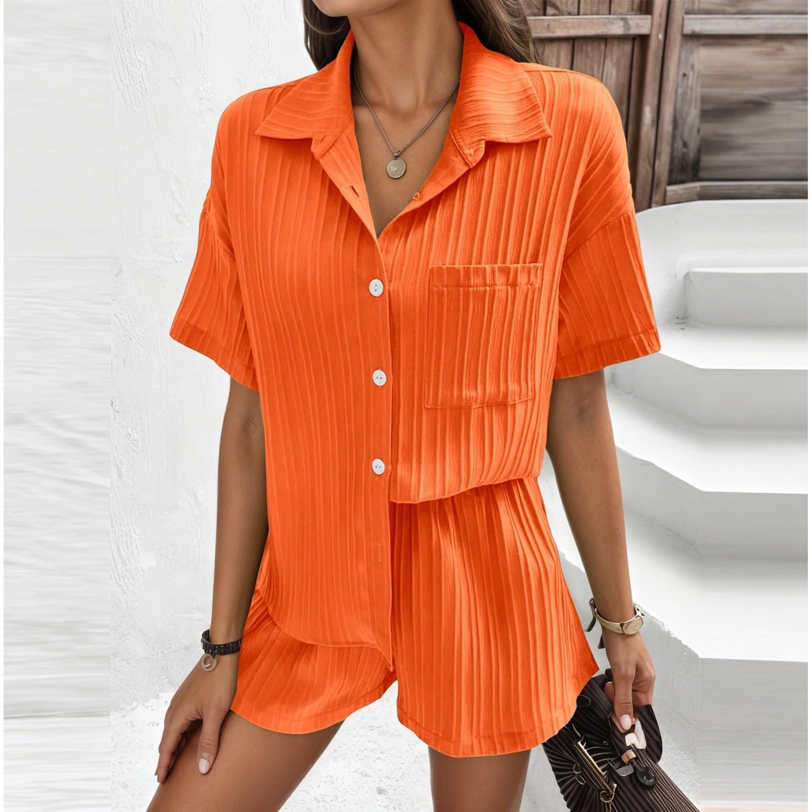 

Комплекты из 2 предметов для женщин Футболка Шорты Наряды Мода Сексуальный Летний С коротким рукавом Плиссированный Костюм с открытым животом XL шафрановый