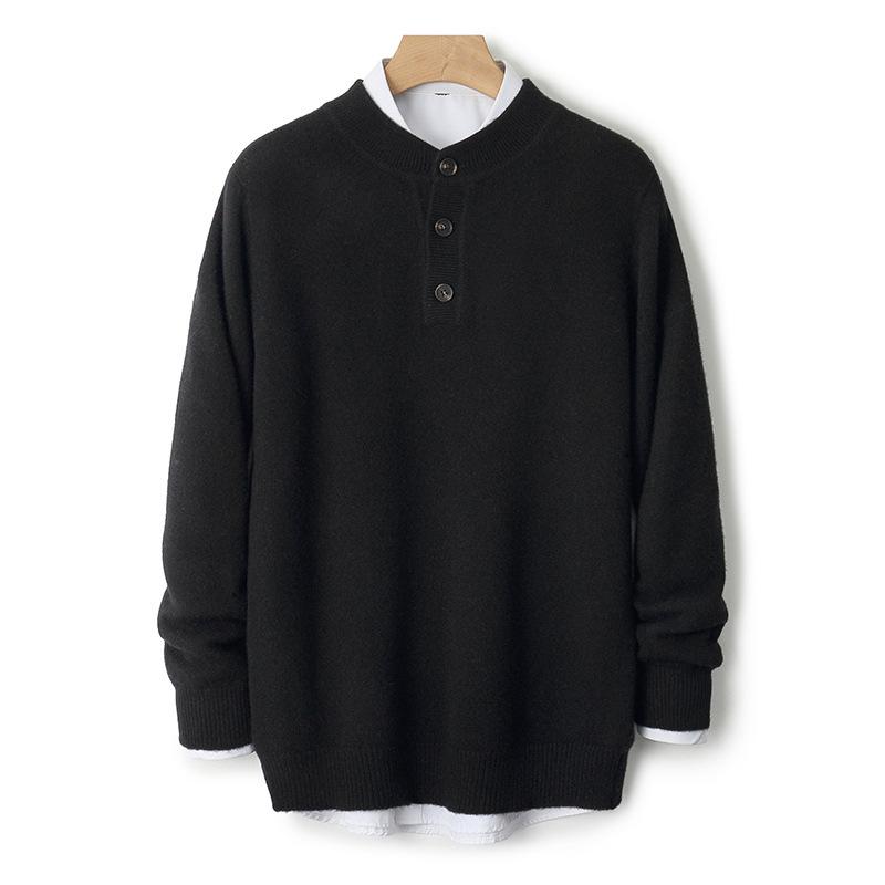 Men's High-End Business Casual 100% Pure Wool Thickened Round Neck Sweater with Buttons - Autumn/Winter Knitwear