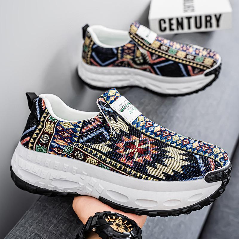 Foreign Trade One-pedal Thick-soled Dad Men's Versatile Printing Heightening Canvas Lazy Shoes Middle-aged and Elderly Lightweight Sports Shoes