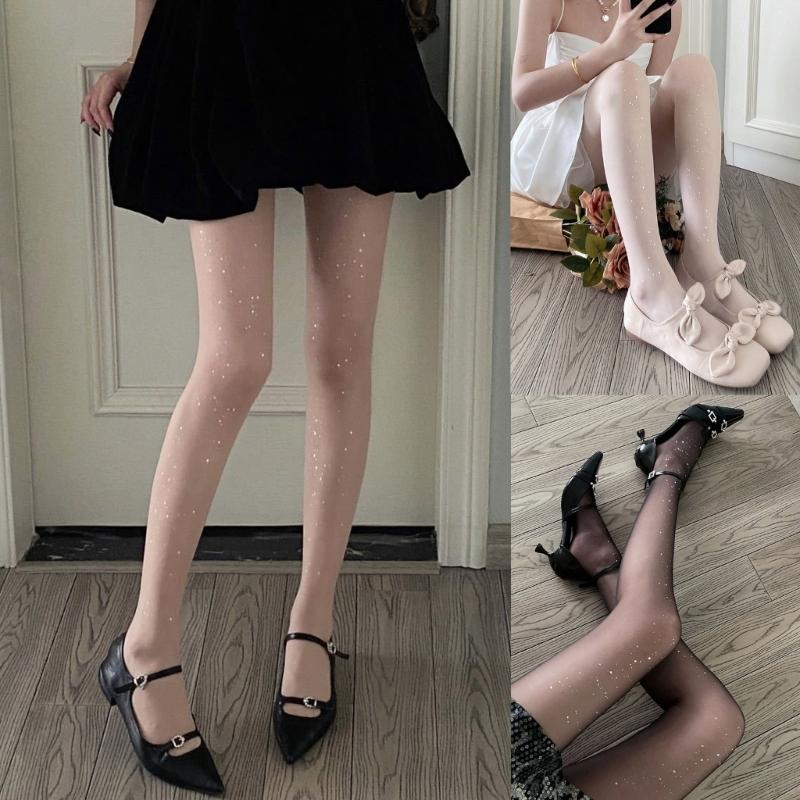 Women Sweet Ballet Style Ultra-Thin Sheer Pantyhose Stockings Glitter Star Patterned See-Through Tights Leggings Hosiery
