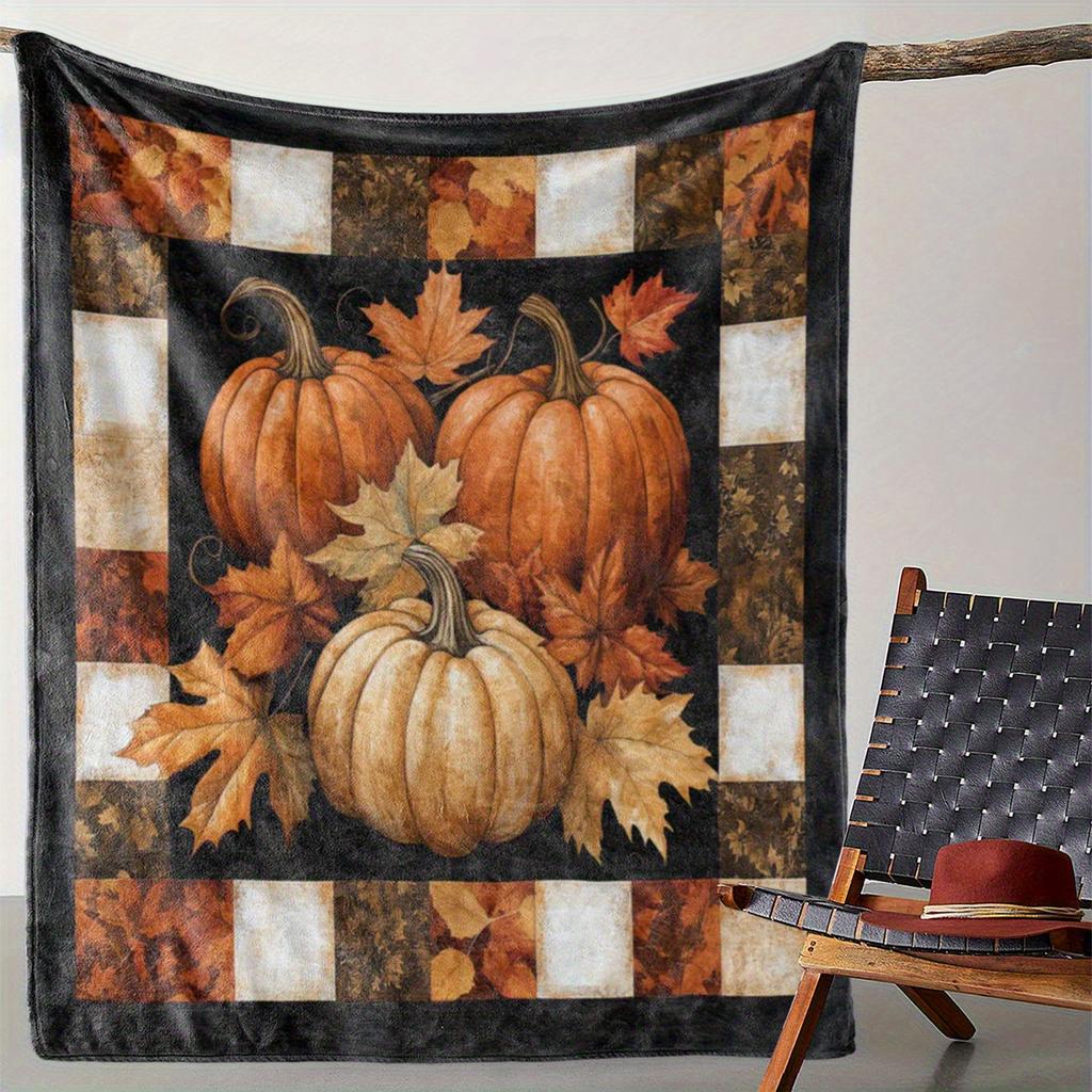 Vintage Autumn Plaid Blanket - Pumpkin Maple Leaf Print, Flannel for Sofa/Bed/Travel, Cozy Fall Decor Throw