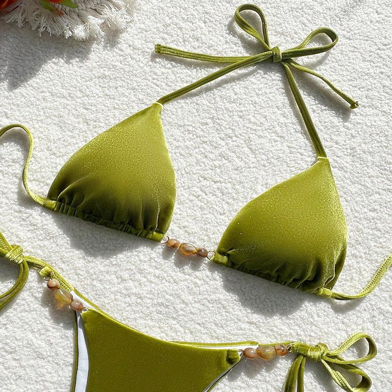 Sexy Green Velvet Beads Bikinis Sets Two Pieces Halter Thong Tie Plain Swimsuits Beachwear Bathing Suit Swimwear Biquini Tankini