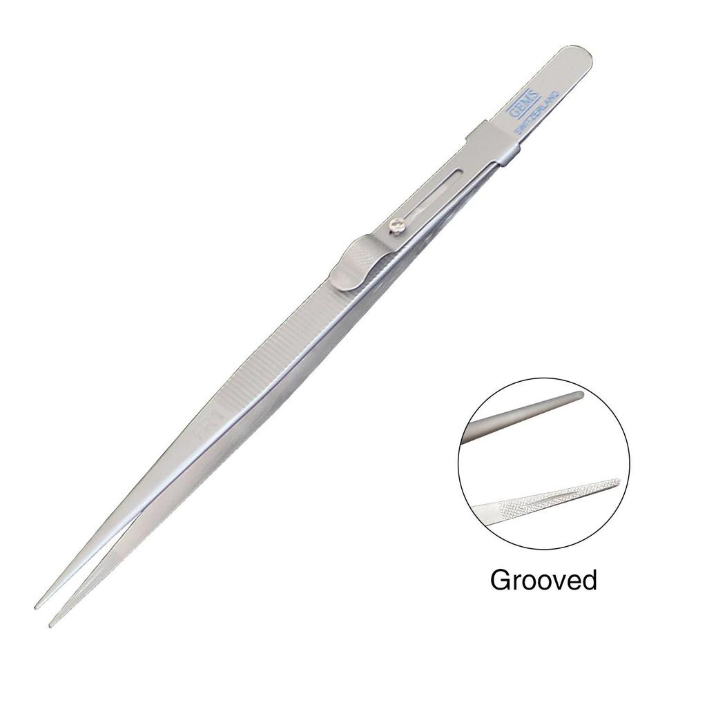 Diamond Stone Tweezers Gem and Jewelry Tweezers Stainless Steel Slide Locking Serrated Fine Pointed Tip Tweezers with Gem Slot (Straight Pointed Tip)