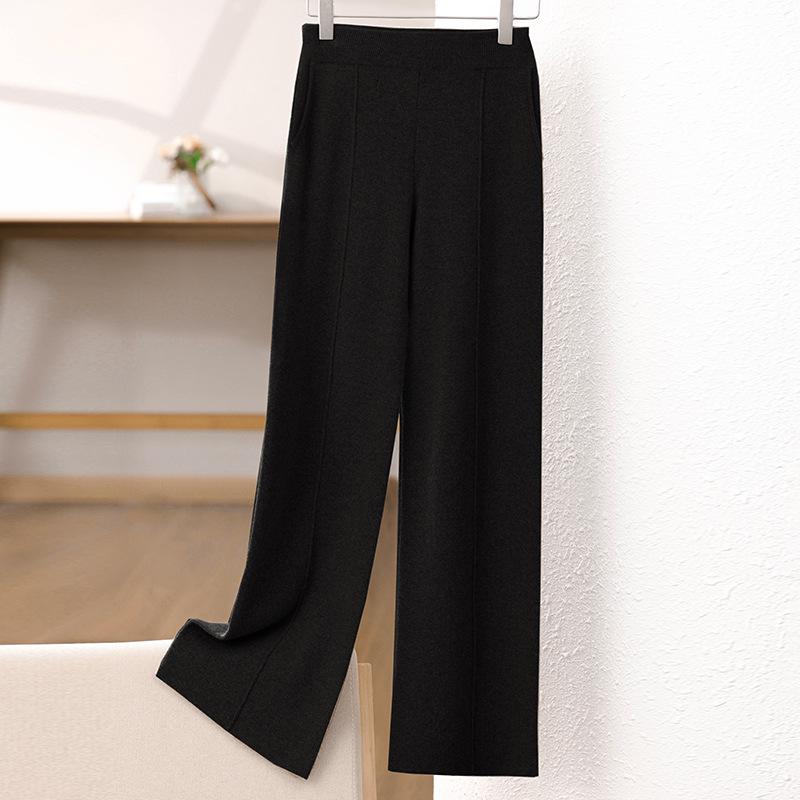 Dámské vlněné pletené kalhoty se širokými nohavicemi - Zeštíhlující, Středový šev, Zesílené, Ležérní, Délka až na zem pro podzim a zimu