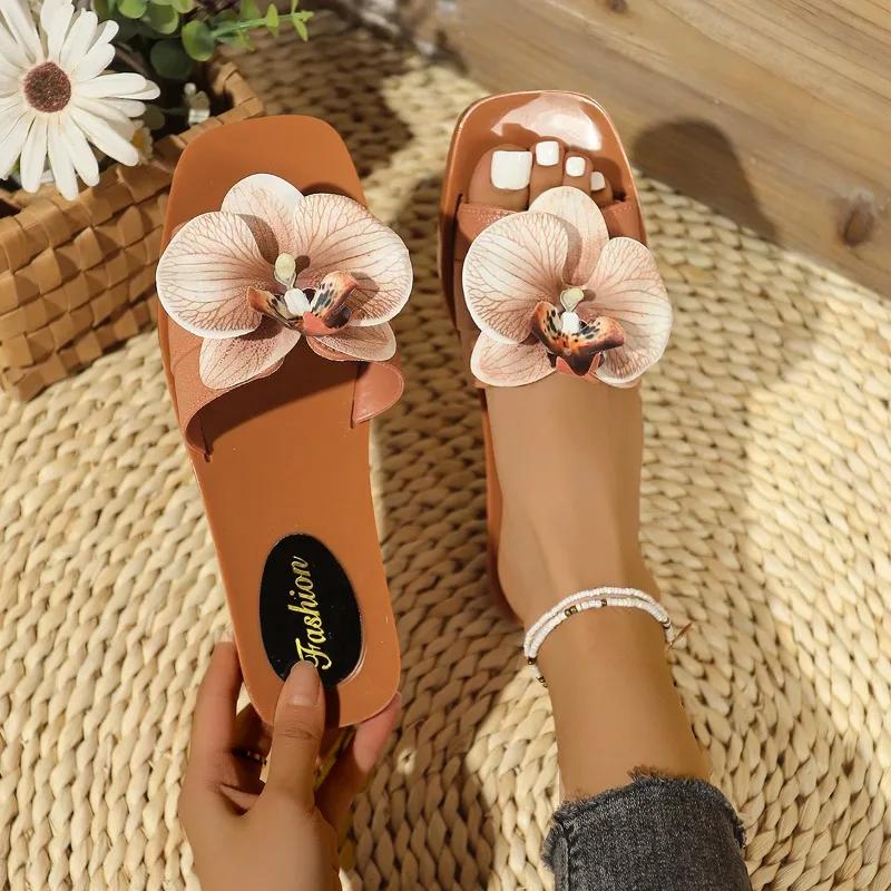 Fashion Ladies Shoes 2025 Hot Sale Open Toe Women's Slippers Casual Daily Slippers Women Square Toe Floral Flat with Women's Sandals