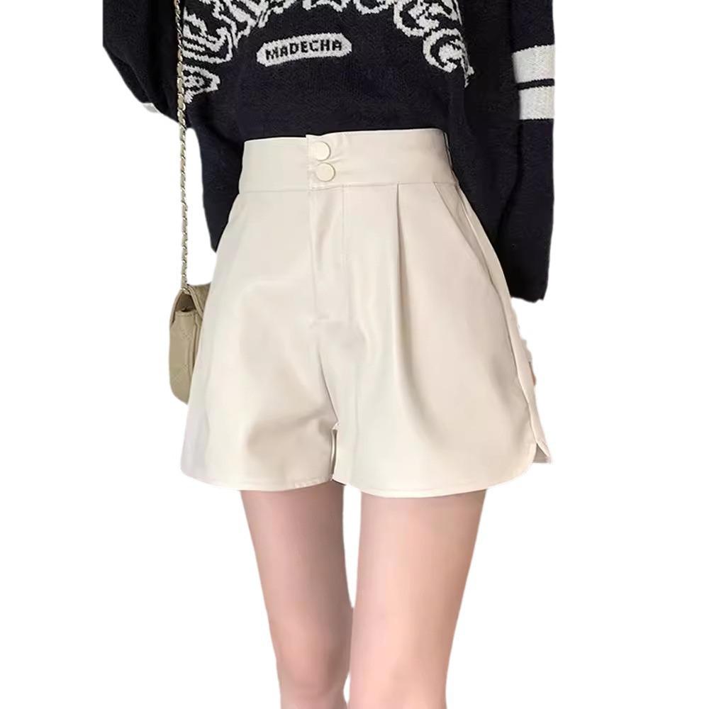 Kaffeefarbene PU-Leder High-Waist A-Linien-Shorts für Damen - Herbst/Winter Lässig Lockerer Schnitt, Hot Girl Stil, Bootcut-Hosen, Maillard-inspiriert.