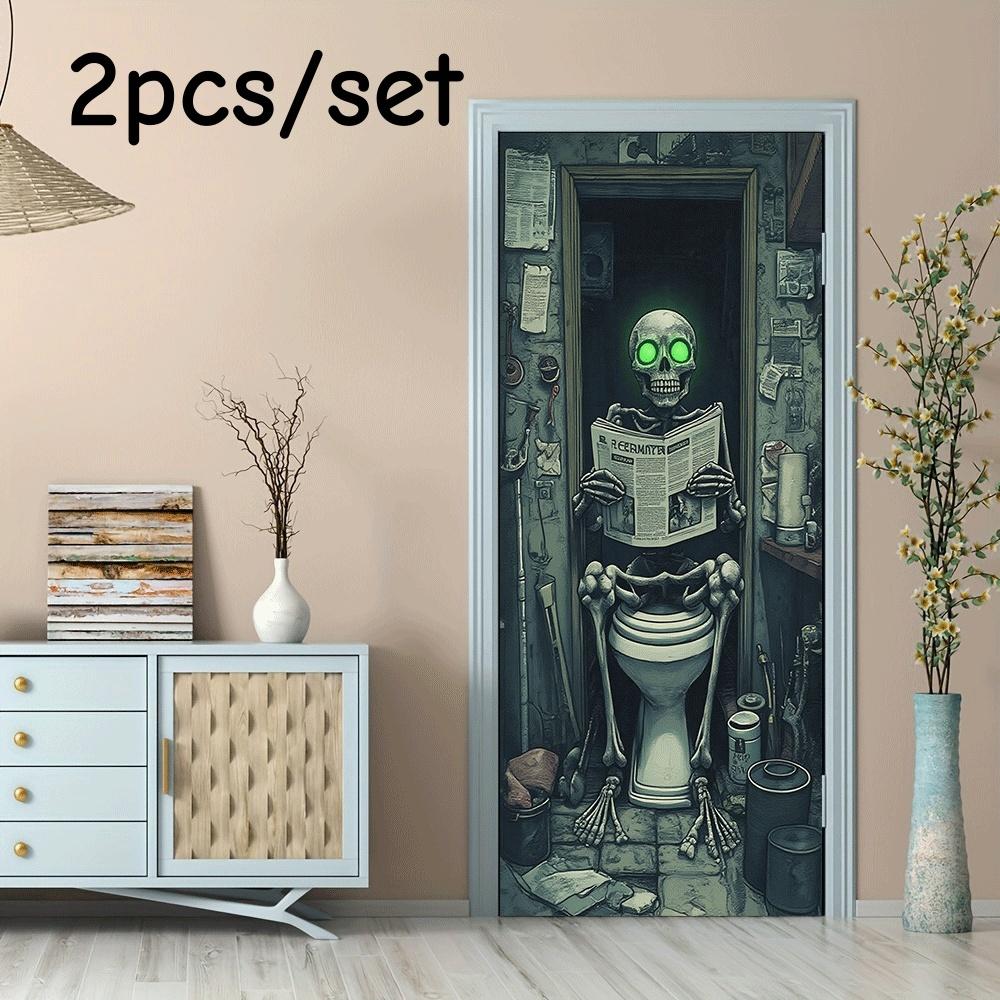 

2pcs Creative Skeleton Bathroom Wall Stickers Fun Terror Style Bathroom Decoration Stickers Self Adhesive Waterproof Removable P (as the picture,38.5x200cmx2)