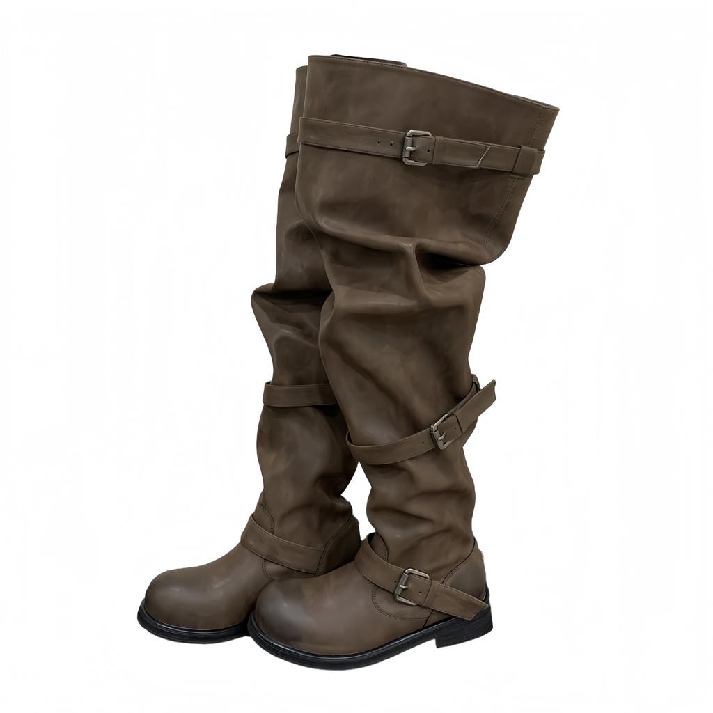 2025 new belt buckle stacking boots over the knee thick heel retro old long boots Korean version boots niche tooling boots women