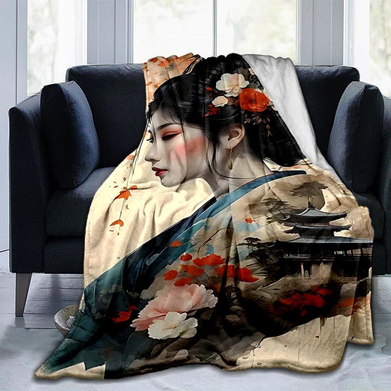 1pc Japanese Geisha Floral Print Blanket Home Decor, Sofa Throw, Outdoor Blanket .W050