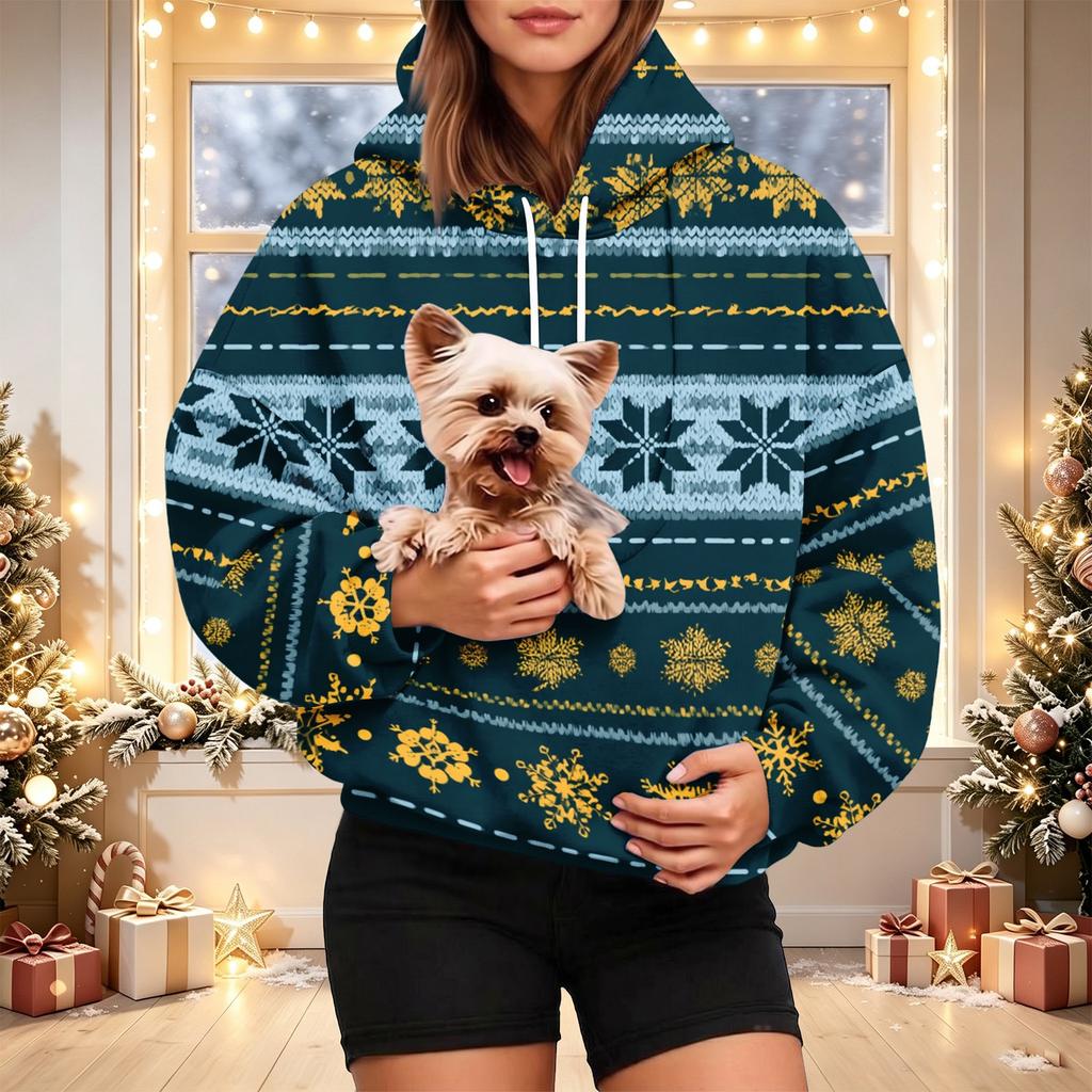 Women's Fashion Christmas Print Hoodie with Pet Pocket, Casual Pullover for Holiday Wear