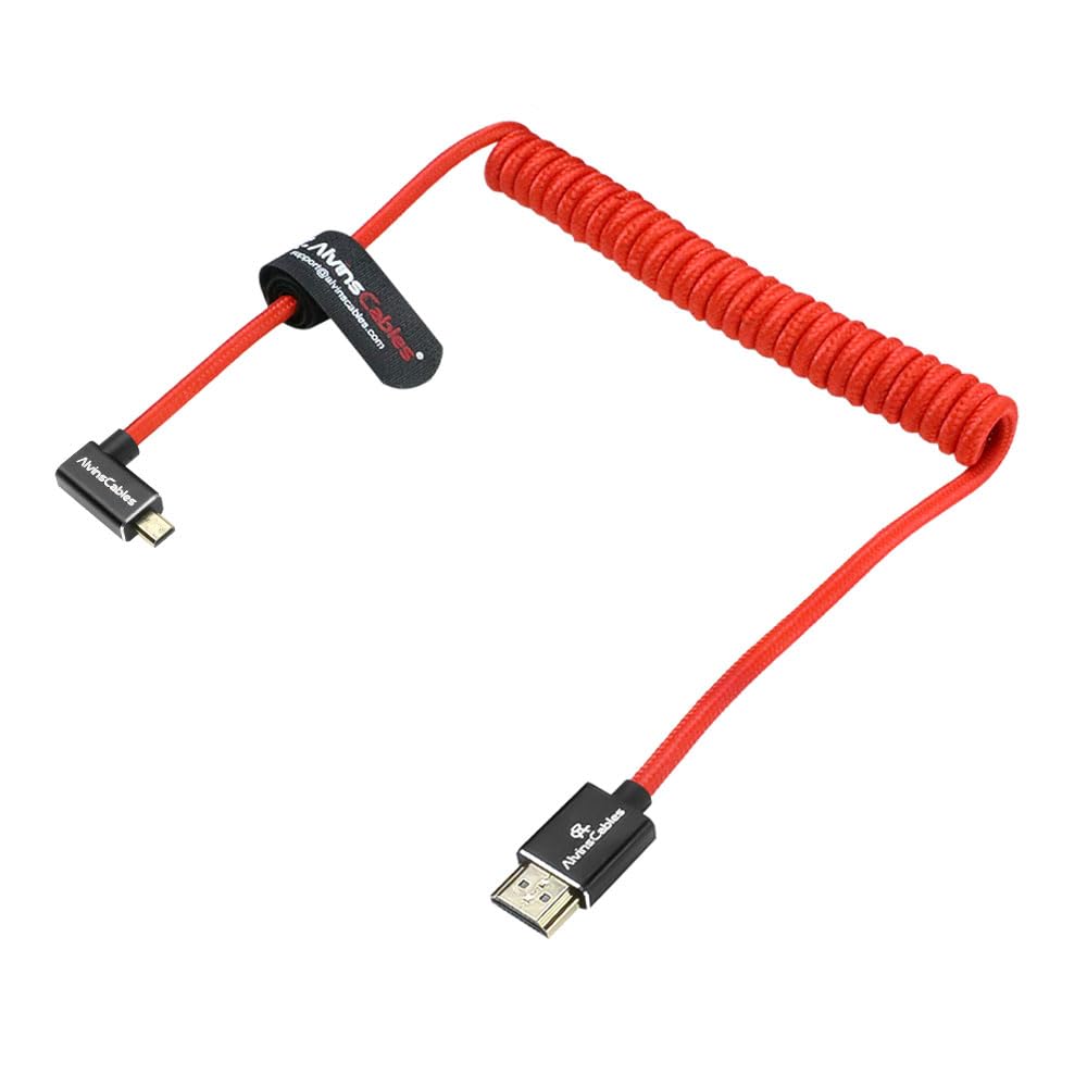 Alvin's Cables 8K 2.1 Micro-HDMI to Full HDMI Braided Coil Cable 48Gbps 8K@60Hz 4K@120Hz 240Hz for Canon R5C/R5/R6, Atomos Ninja-V, Red, Left L