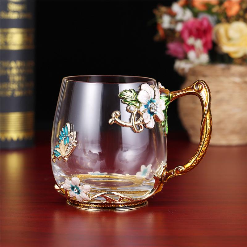 Heat-Resistant Enamel Flower Tea Cup, Creative Painted Crystal Glass Coffee Cup with Handle