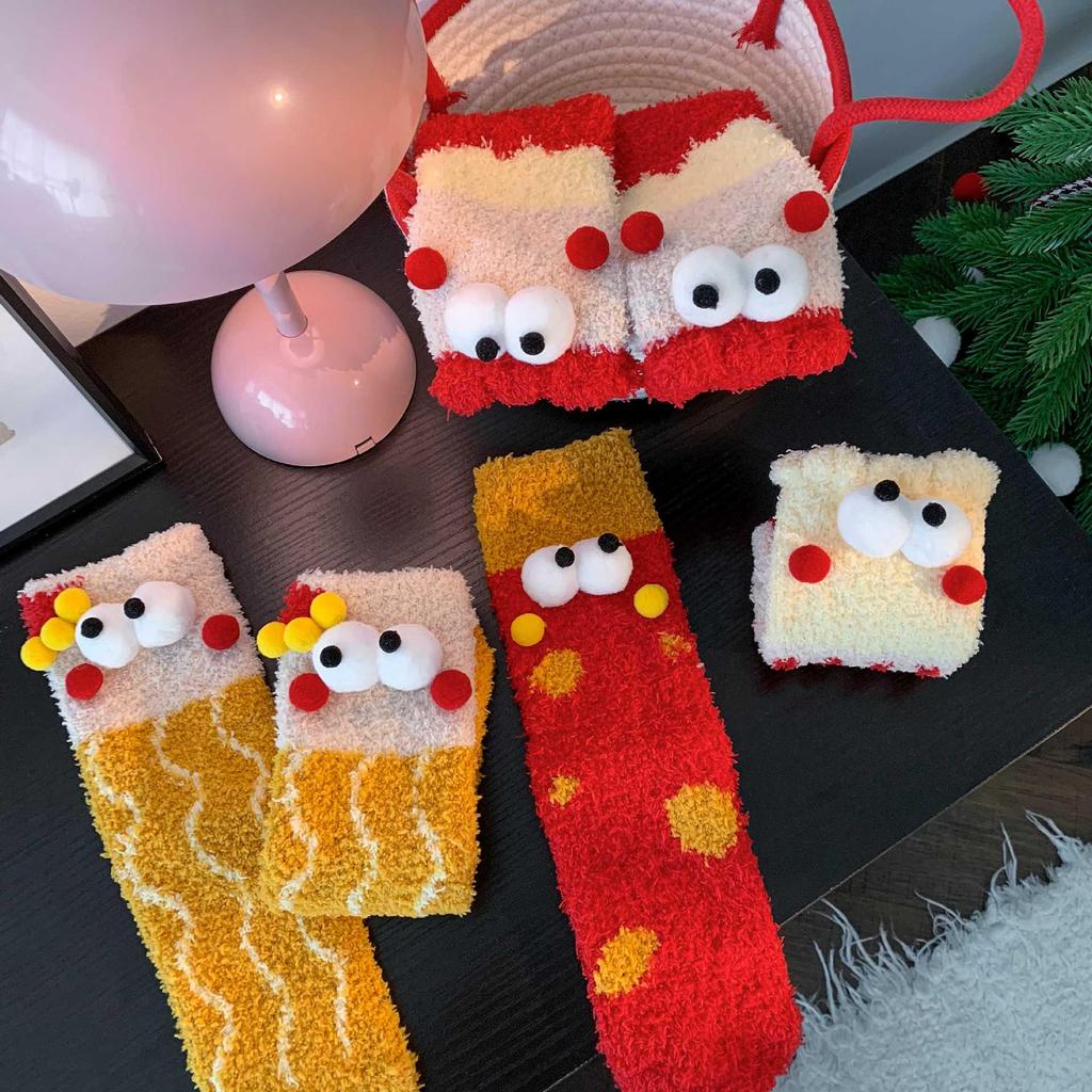Entzückende Korallenfleece Damen Mid-Calf Schlafsocken - Weihnachtliches Fuzzy-Cartoon-Design für Herbst und Winter