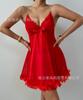 European and American bows perspective temptation multi-color private room pajamas loungewear, sexy lace mesh deep V suspender nightgown
