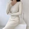 Autumn Vintage V-neck Waist Design Slim-fitting and Thin Hip Skirt Long-sleeved Women's Knitted Dress
