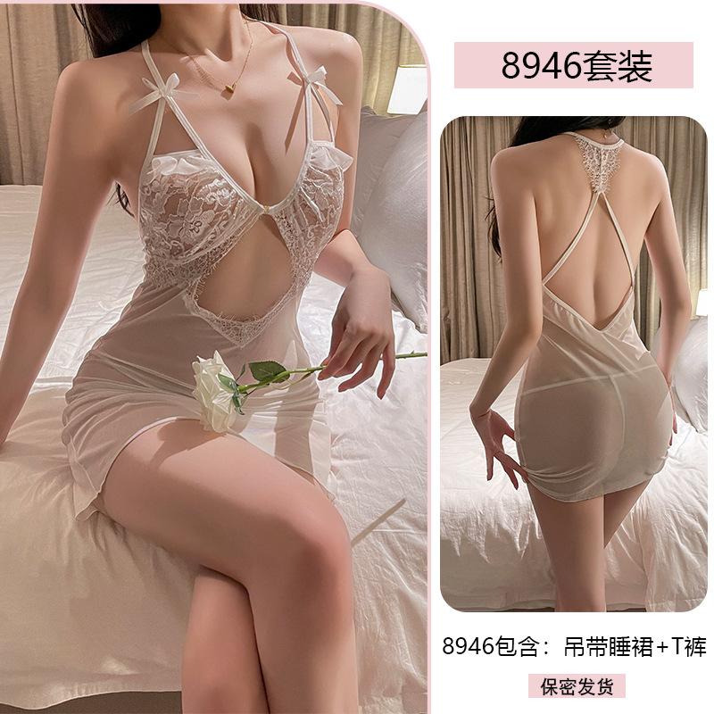 Original Erotic Underwear Sexy Pure Desire Lace Seductive Nightdress Hot Mesh See-through Nightdress Set 8946