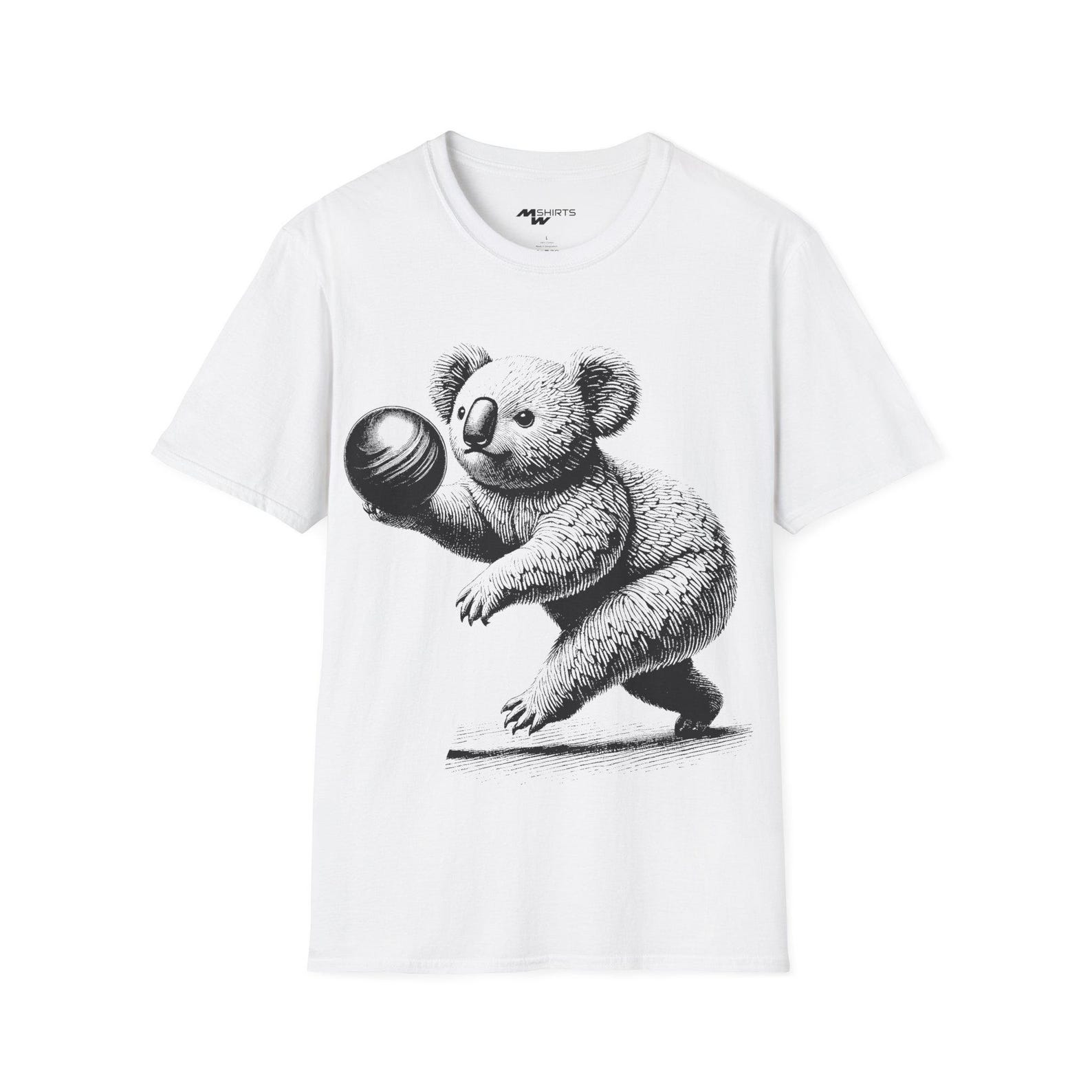 Bowling Koala Bear T-Shirt: Copper Engraving Style, Unisex Softstyle S