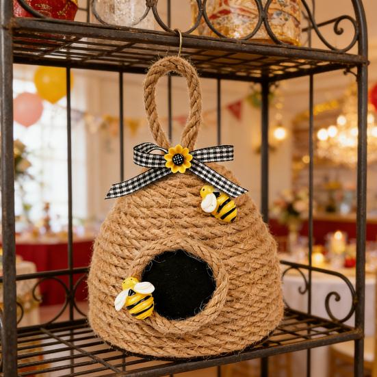 Woven Rope Bee Hive Hanging Ornament Handmade Rustic Pendant with Sunflower And Bowknot for Bedroom Living Room Farmhouse Spring Party Decor