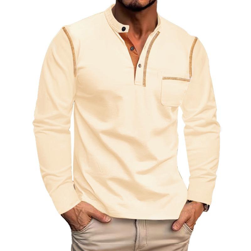 Men s  Shirt Lapel Long-sleeved Color Matching Men s T-shirt Men S хаки