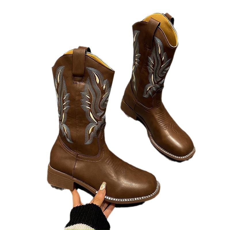 He Sui Style Versatile Western Cowboy Boots: Summer Chunky Heel, Embroidered, Pull-On Mid-Calf with Square Toe, Riding Boots In Plus Size.