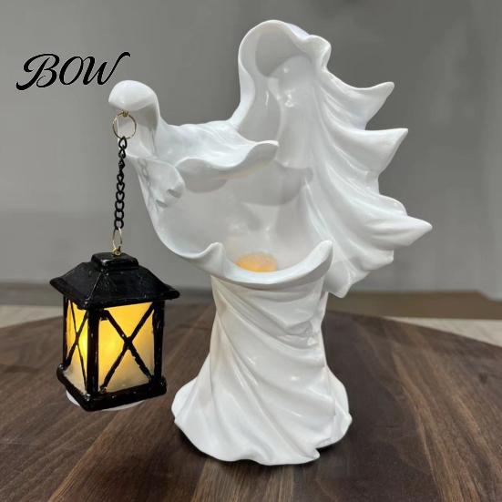 Resin Night Lights for Patio Halloween Ghost Messenger Figurine, Witch Statue with Lantern, Waterproof Indoor Outdoor Whimsical Party Decor