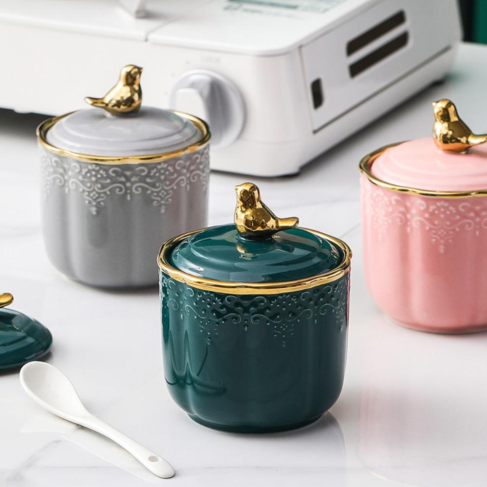 Kitchen Ceramic Storage Jar with Lid Geometric Storage Jar Sealed Snack Storage Jar Decoration Grain Separator Kitchen Supplies