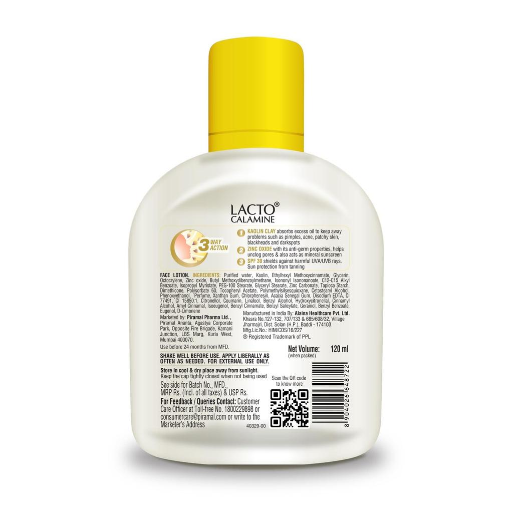 Lacto Calamine Sunscreen Lotion Kaolin Clay & Zinc Oxide SPF 30  120ml Pack of 2 Lightweight Oil-Control Face Body Moisturizer