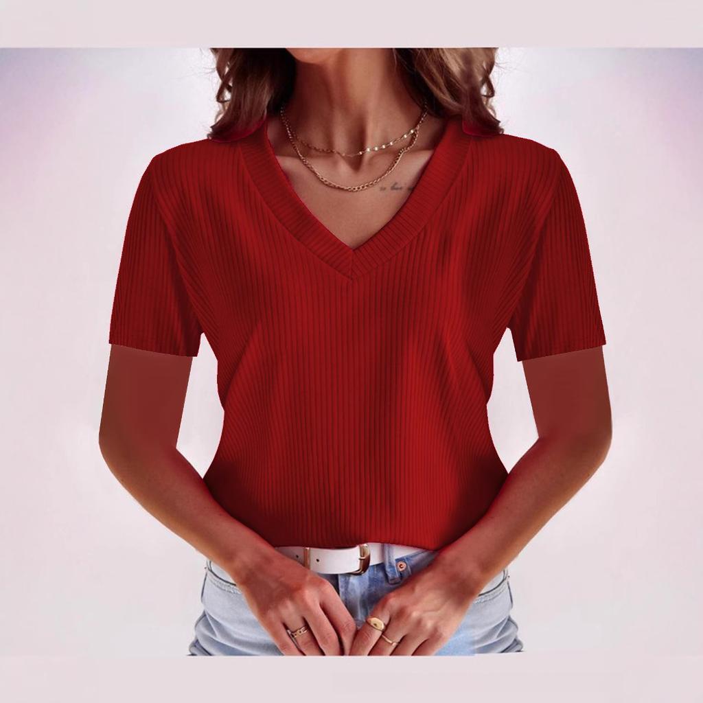 Summer Casual Short Sleeved Solid Color V-neck Women's T-shirts