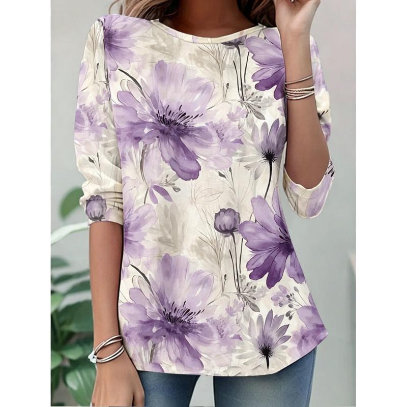 Women's Long Sleeve Crew Neck Watercolor Floral Print Casual T-Shirt, Regular Tops for Spring Summer Daily Weekend Wear