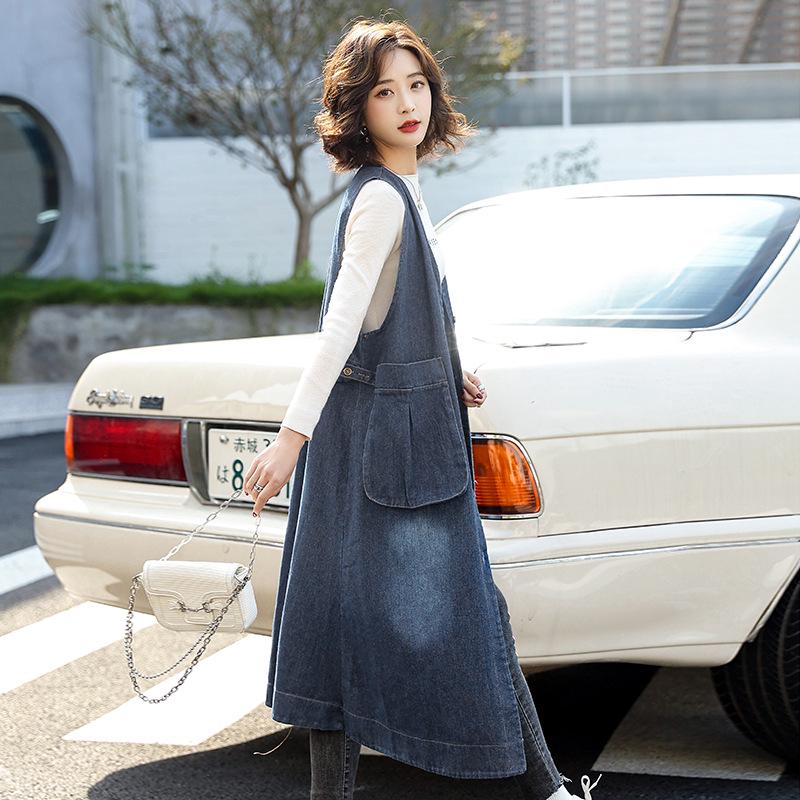 Women's Mid-Length Denim Vest Dress - 2022 Trendy Korean Style with Large Pockets for Spring and Autumn