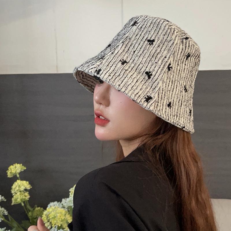 New Butterfly Hat for Women's Small Fragrance Style Bucket Hat Korean Version Versatile Fisherman Hat Striped Basin Hat Showing Small Face
