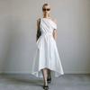 New Summer/Fall Collection Elegant Off-the-Shoulder Waist-Cinched Tie-Front Dress with Asymmetrical Hem for Women