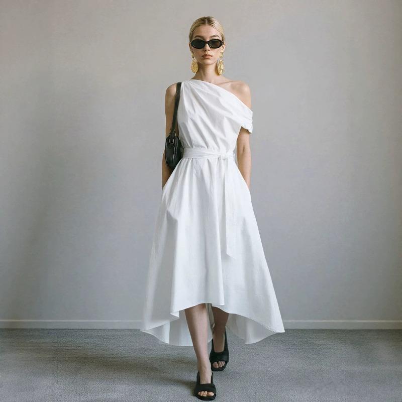 New Summer/Fall Collection Elegant Off-the-Shoulder Waist-Cinched Tie-Front Dress with Asymmetrical Hem for Women