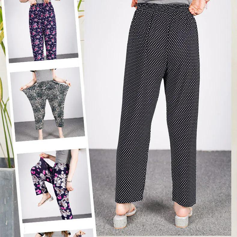 WTEMPO Women's Spring Summer Elastic High Waist Thin Printed Ice Silk Wide Leg Pants Mother's Loose Cropped Pants