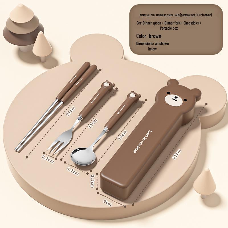 Conjunto de Talheres Portátil de Aço Inoxidável 304 Estilo Inspirado Desenho Animado: Colher, Garfo e Hashis para Estudantes e Trabalhadores de Escritório