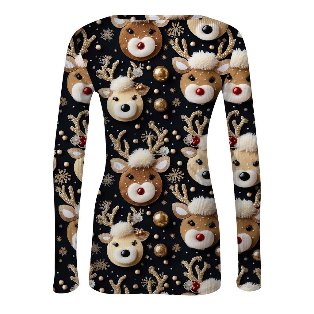 Dámské zimní přiléhavé základní tričko Módní vánoční potisk Výstřih do V Pulovr Top s dlouhým rukávem
