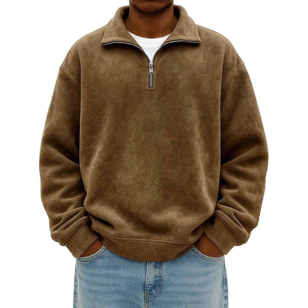 Men's Fashion Casual Half-zipper Solid Color Distressed Sweatshirt Men's Casual Loose Long-sleeved Lapel Sweatshirt