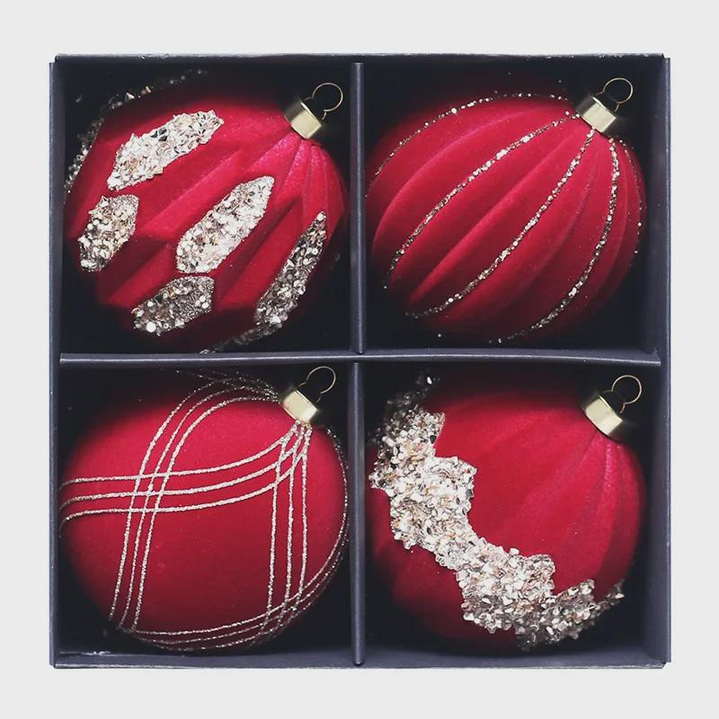10cm Diamond Flocked Christmas Ball Ornaments - Set of 4
