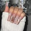Winter Press On Snowflake Acrylic False Nails - White with Gold Glitter Stripes, Matte Finish, Cute Snowman Design, 24 Pcs