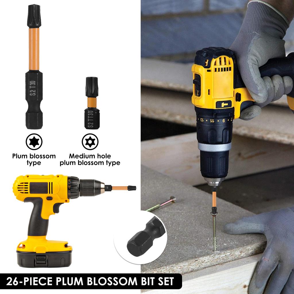26Pcs 1/4inch Hex Shank Hole Security Torx Bits Set Screwdriver Electric Drills S2 Alloy Steel Torx Bit Kit 1inch 2inch T7-T40