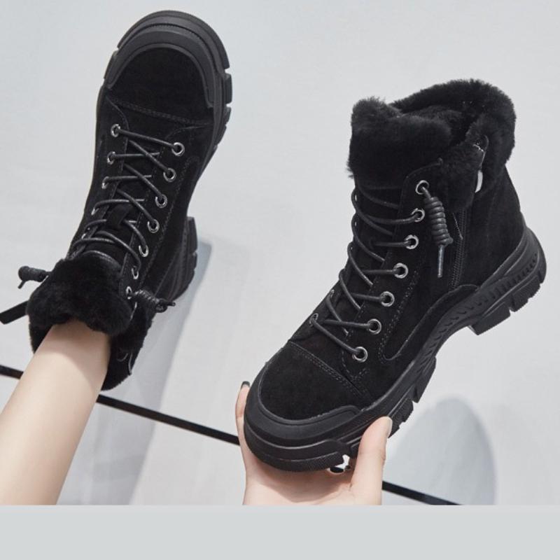 Fashion Cozy Warm Plush Ankle Boots Women Fashion Lace-up Side Zip Designer Boots Winter Casual Thick-soled Snow Boots Zapatos De Mujer