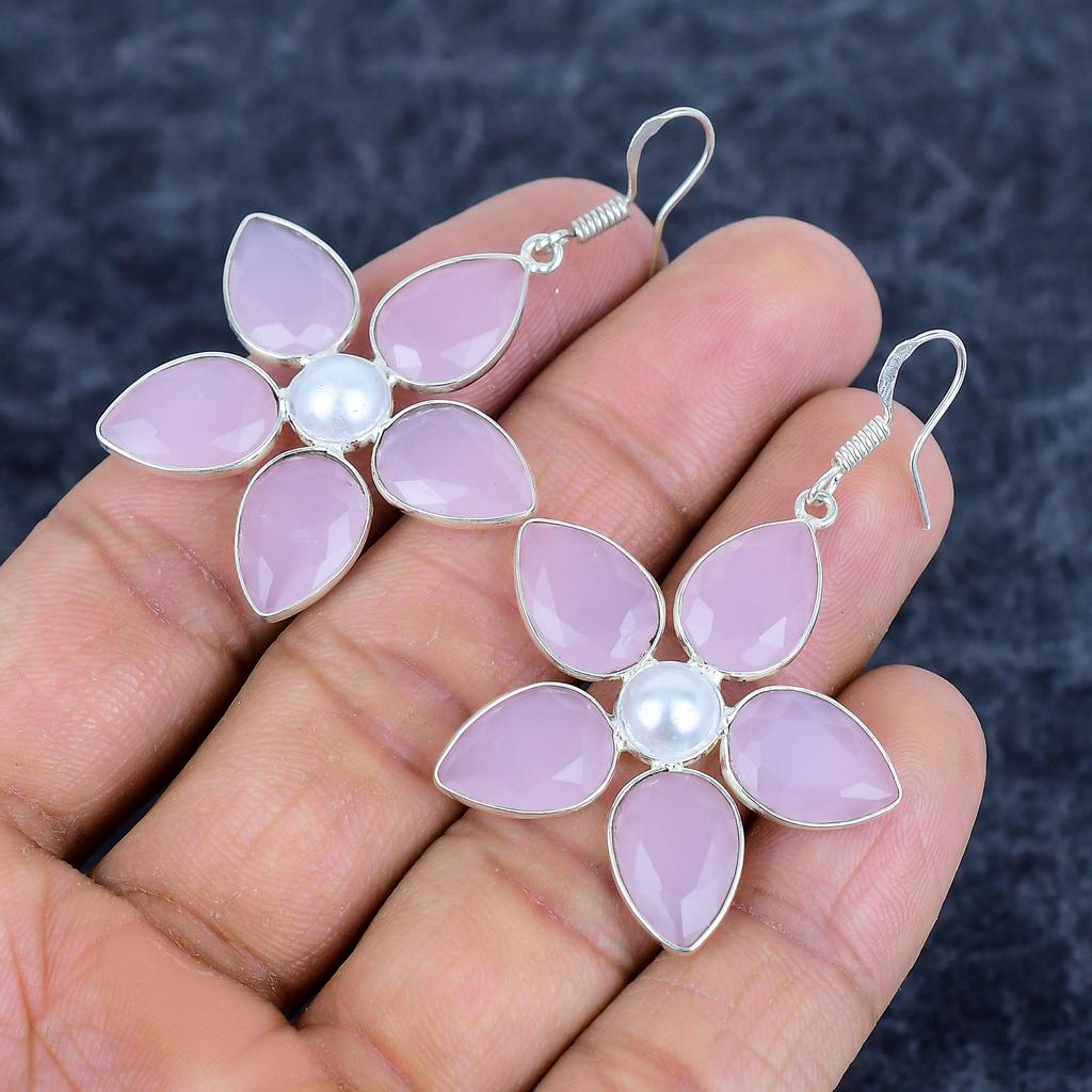 Pink Chalcedony Gemstone Handmade 925Sterling Silver Jewelry Earring 2.17" M-3155