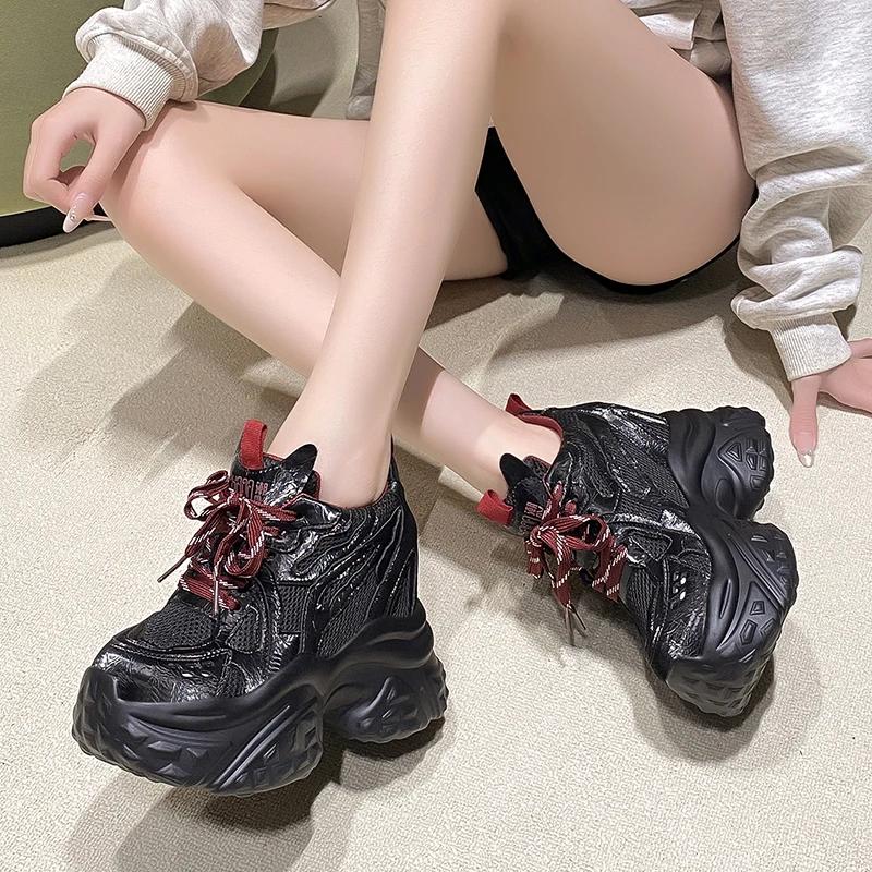 Fashion 12CM New 2025 Autumn Breathable Women Chunky Sneakers Lace-up Wedges Mesh Shoes Thick Soles Trainers High Platform Casual Shoes