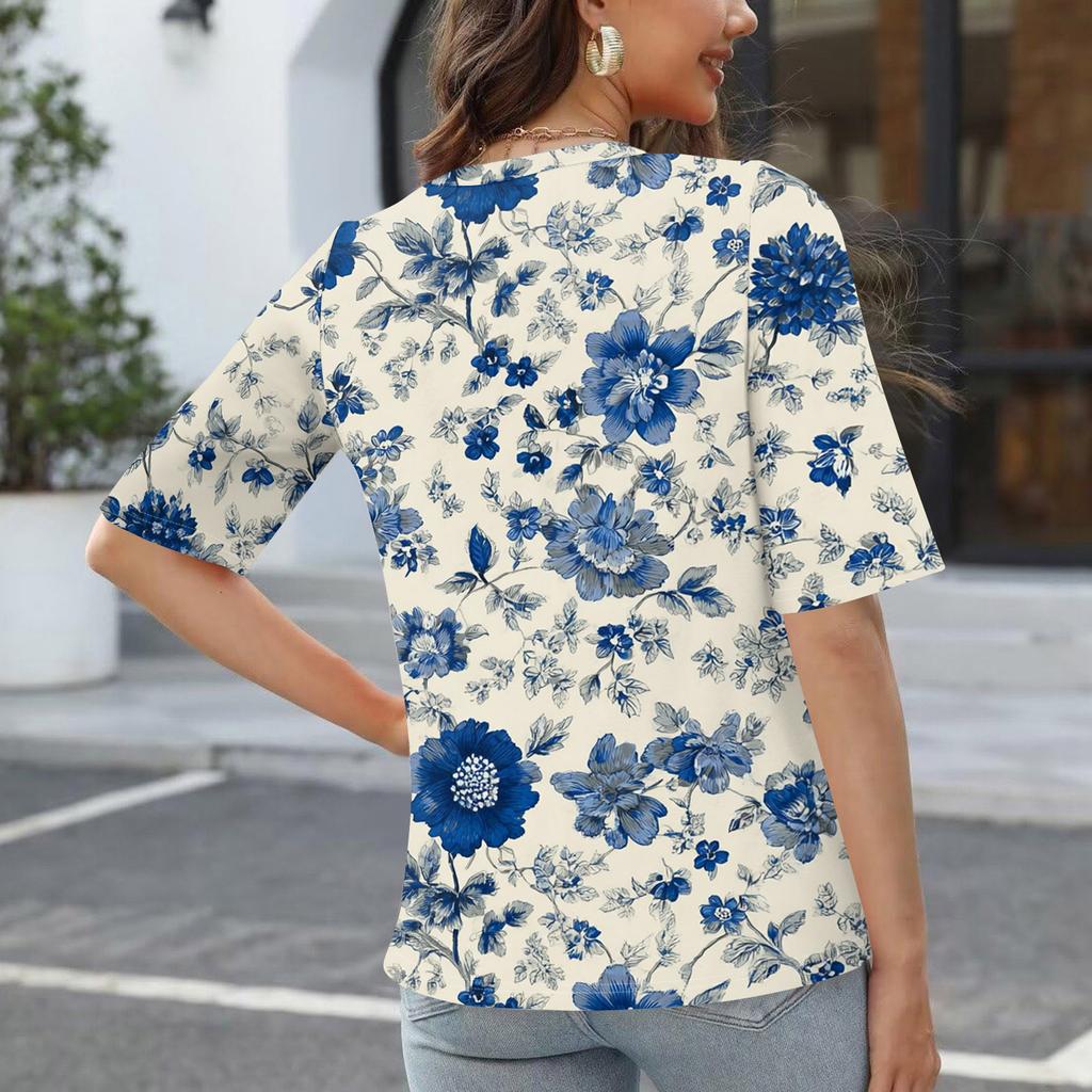 Women's Fashionable Casual Short-sleeved Five-quarter Sleeve Floral Print V-neck Top