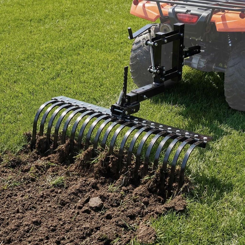 106.7cm Tow Behind Landscape Rake, 3-Point Lawn Rock Rake with Blade & Lift Lever, Fit Category 1 ATVs UTVs Lawn Tractors, Heavy Duty Dethatcher Rake