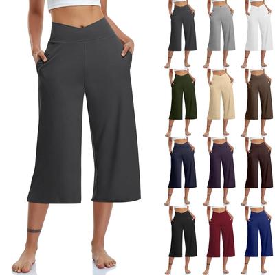 Women Elastic High Waist 3/4 Pant Casual Active Fit Wide Capris Leg Pants Trousers With Pockets Pants for Women Pants