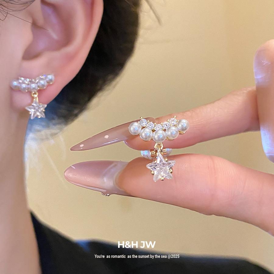 K real gold electroplated zircon pearl star pendant earclip exquisite fashion earrings light luxury high-end earrings women